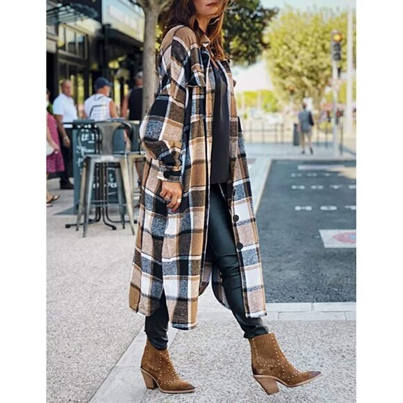 CASUAL Khaki Plaid Button Down Long Puff Sleeve Trench Coat Jacket Shacket Wool - Picture 7 of 10